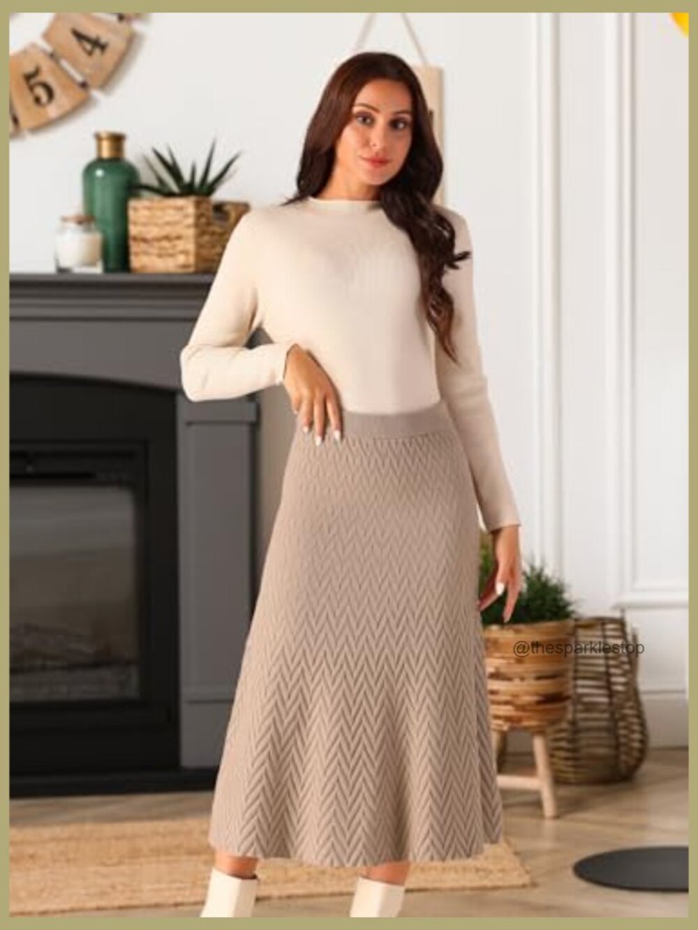 Ribbed Knit A-Line Midi Skirt High Waist Stretchy Sweater Skirt - Picture 4 of 7